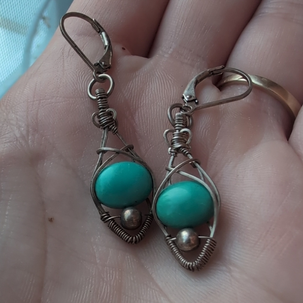Turquoise Wire Wrapped Earrings - Picture 2 of 4